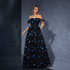 Black off Shoulder Dress Butterfly Embroidered Mesh Niche Cocktail Party Evening Dress