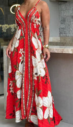 Ladies Strapless V-neck Women's Beach Halter Backless Printed Fairy Long Temperament Dresses Swing Dresses