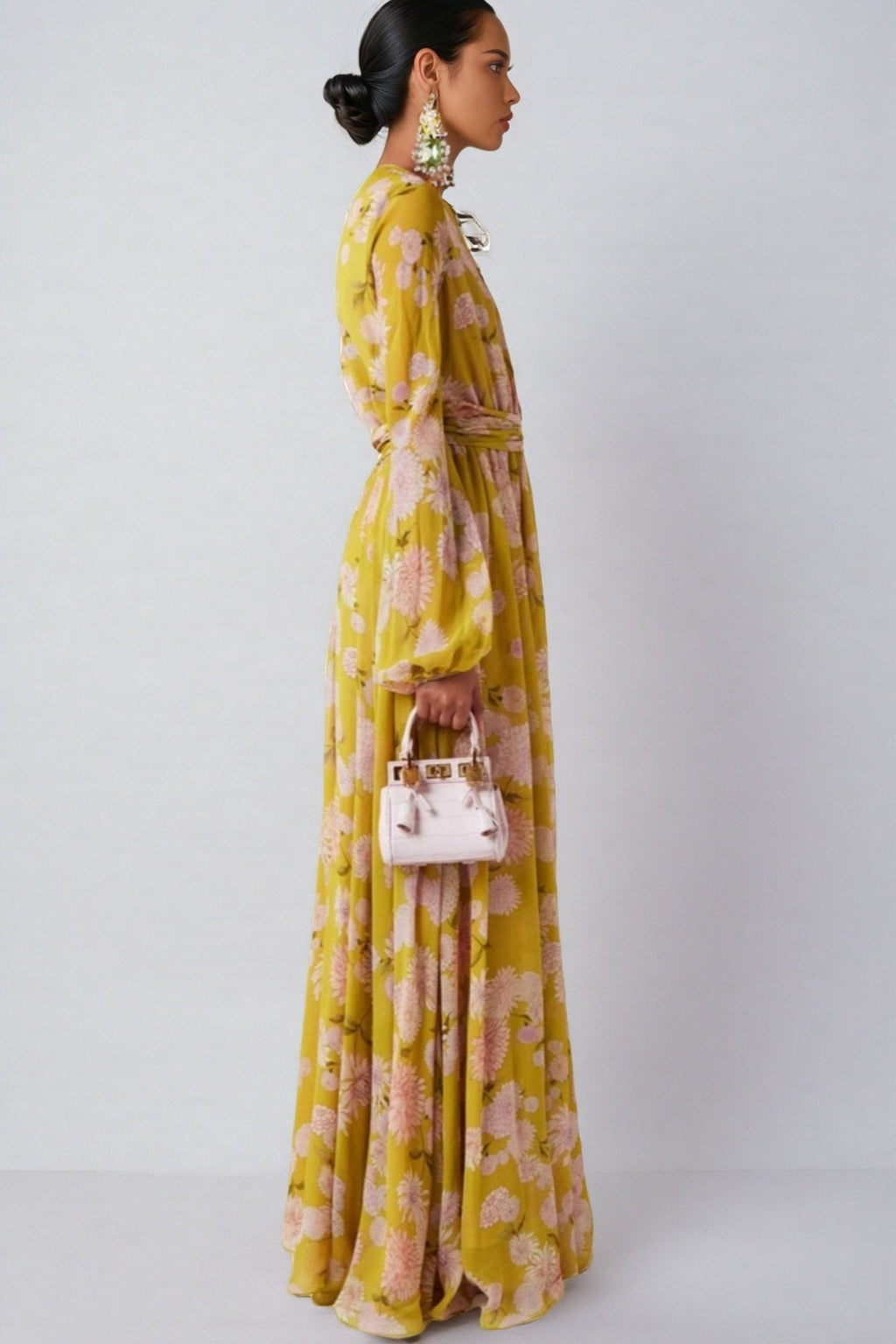 Giselle Floral Lace Up Puff Sleeve Maxi Dress