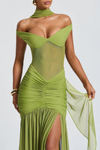 Raise The Level Mesh Off Shoulder Ruched Scarf Stretch Maxi Dress