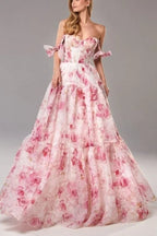 Fairytale Itself Organza Floral Print Tie Strap Maxi Dress