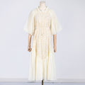 round Neck Wooden Ear Embroidery Tie Neck Slim Waist Solid Color Dress