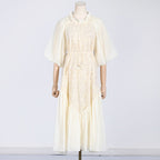 round Neck Wooden Ear Embroidery Tie Neck Slim Waist Solid Color Dress