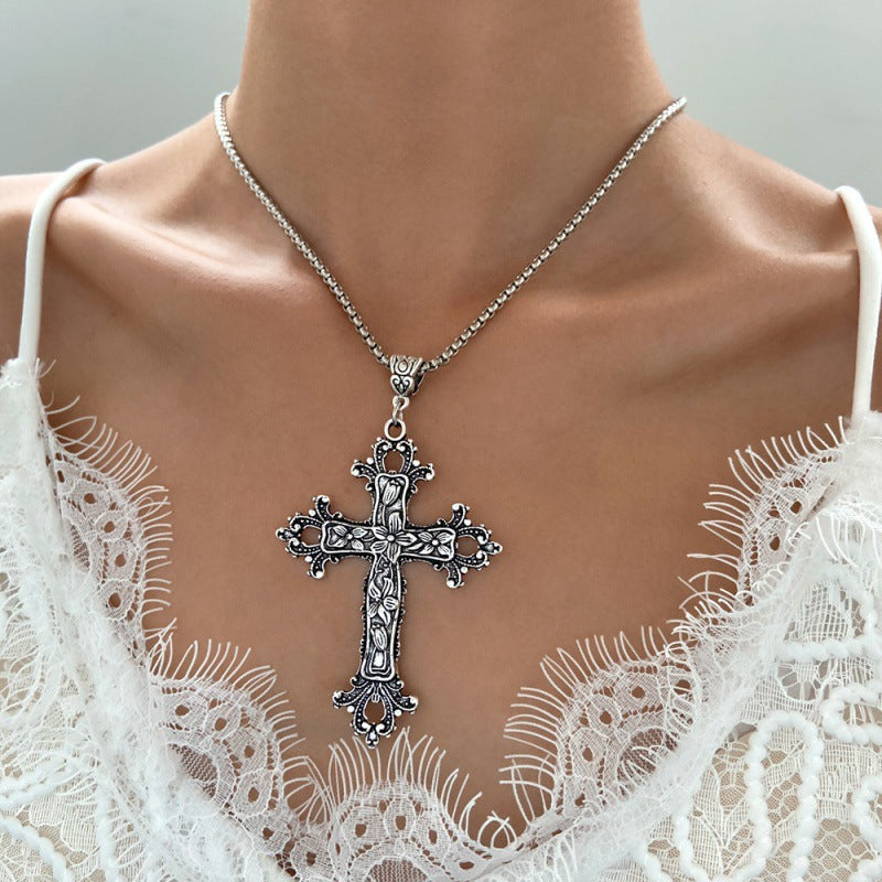 Exaggerated Gothic Silver Cross Hiphop Sweater Necklace