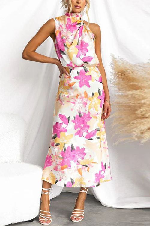 Floral Print Sleeveless Waisted Resort Maxi Dress