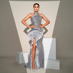 Sleeveless Off-the-shoulder Sequined High-slit Dress