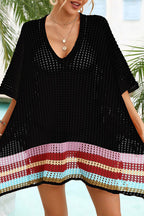 Color Block V Neck Slit Hollow Short Sleeved Knitted Cover Up