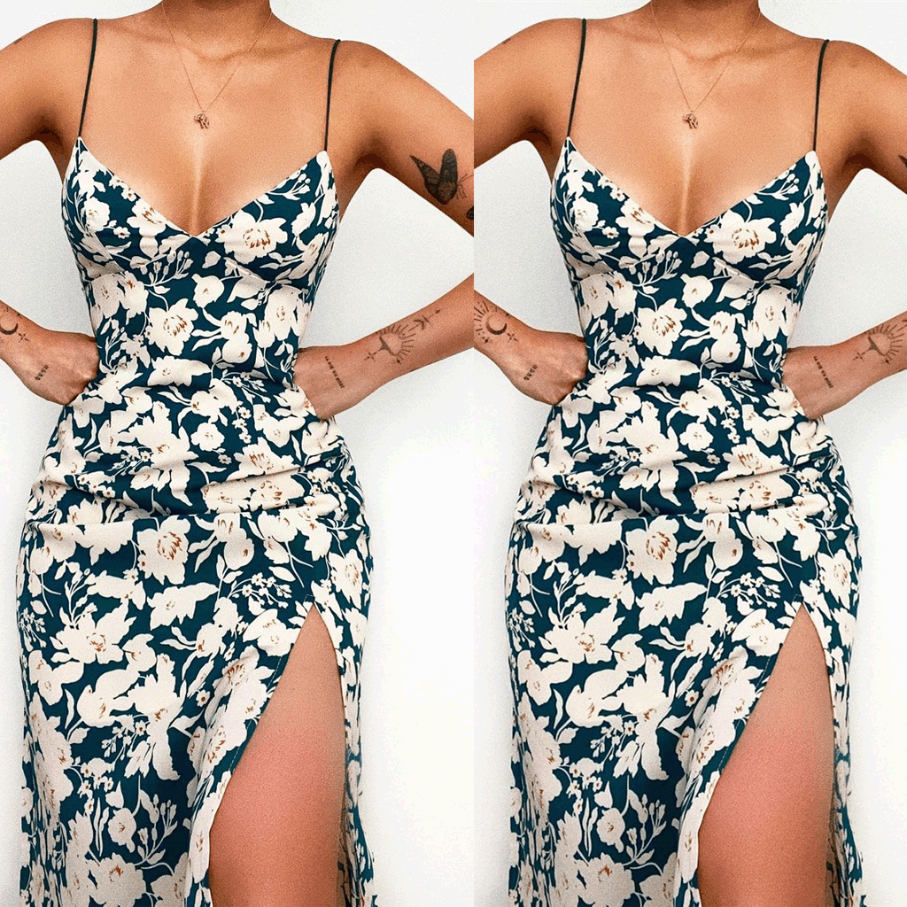 Digital Floral Print Fresh Sweet V - neck Strap Dress