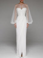 Strapless Puff Sleeves Shiny Glitter Wedding Dress