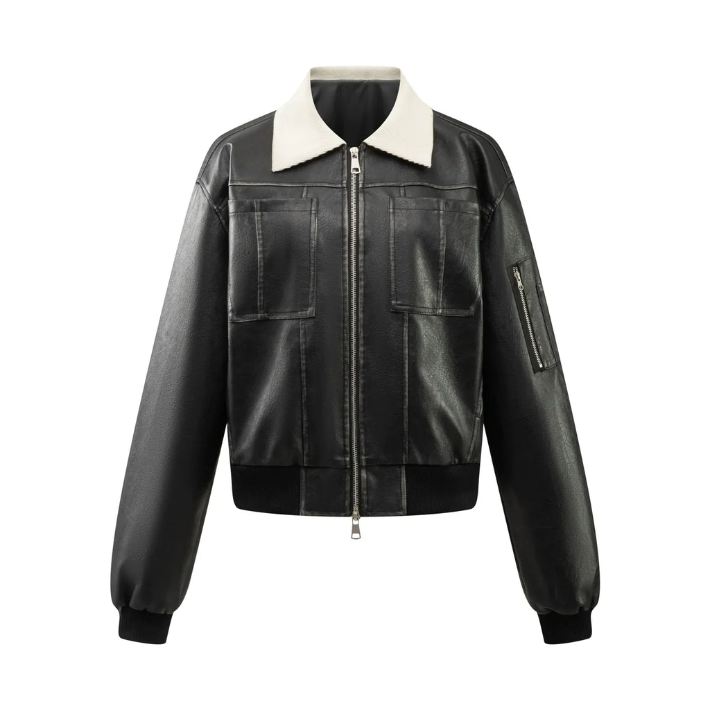 PU Leather Jacket with Lamb Wool Collar
