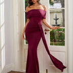 High Elastic Milk Silk off Shoulder Dress Sexy Backless Slim Fit Ruffle Hip Formal Dress