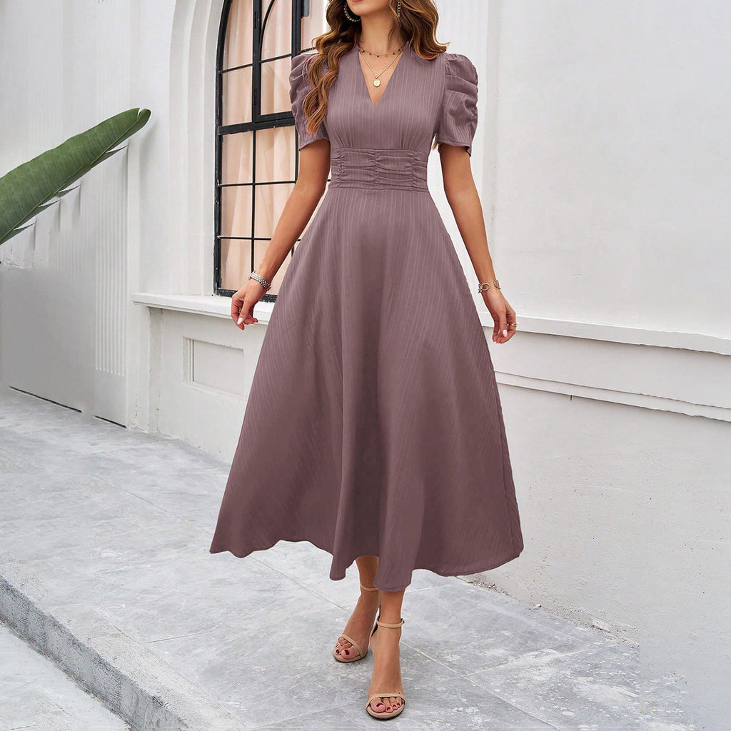 Jennifer Exclusive Dress with Puff Sleeves, V Neckline and Gathered Waist Statement Occasion Edit
