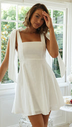 Kamila Cotton Linen Tie Strap Babydoll Dress White