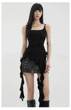 Black Asymmetric Ribbon Strap Tank Top With Ruffle Edge Design