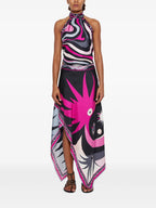 Satin Unique Print Halter Top and Irregular Midi Skirt Set