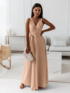 Edvige Timeless Women's Solid Color V Neck Long Dress Elevated Occasion Wear