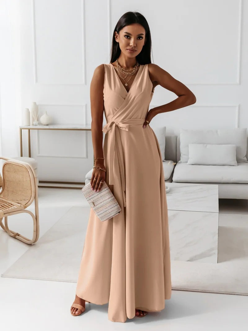 Anita Chic Women's Solid V Neck Long Dress Statement Occasion Edit