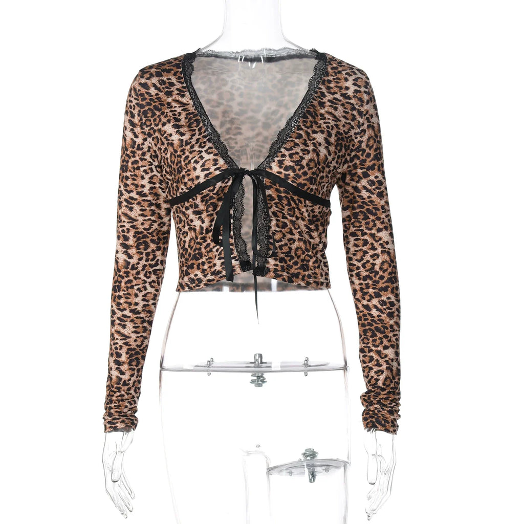 Aleksandra Leopard Lace-Up Cardigan Top