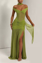 Raise The Level Mesh Off Shoulder Ruched Scarf Stretch Maxi Dress