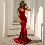 Party Formal Cocktail V - neck Shoulder Strap Back Strap Fishtail Dress Solid Color Backless Small Trailing Dress for