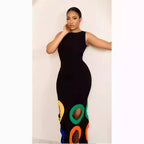 round Neck Sleeveless Color Matching Hollow Out Cutout out Embroidered A line Maxi Dress
