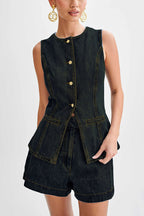 Abel Denim Button Up Princess Seams Pocket Vest Top