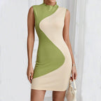 Sunken Stripe Color Contrast Patchwork Design Slim Sheath Dress