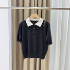 Contrast-Collar Polo Knit Top