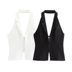 Canvas Halter Neck Backless Lapel Vest