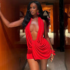 Autumn Winter Women Clothing Sexy Deep V Plunge Halter Backless Hip Solid Color Dress