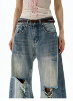 Heavy Knee Distressed Wide Leg Blue Jeans