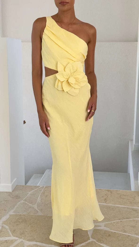 Bloom Summer 3d Flower Ruched One Shoulder Cutout Maxi Dress