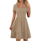 Luisa Effortless Women's a Line Casual Dress with Square Neckline and Flounce Chic Silhouette Collection