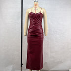 Elegant Faux Leather Tube Top Strap Fold Split Dress