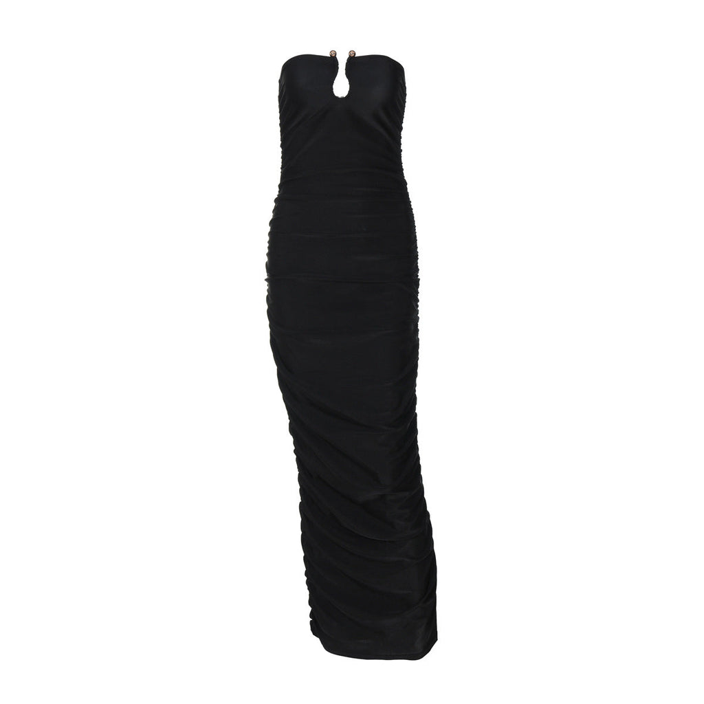 V neck Back Slim Pleated Solid Color Dress
