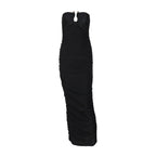 V neck Back Slim Pleated Solid Color Dress