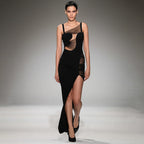 Black Low Elastic Mesh Mini Dress Strap Maxi Dress