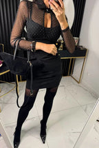 Ladies' elegant mesh sparkling fabric hollow out shirt collar long sleeved elastic mini dress