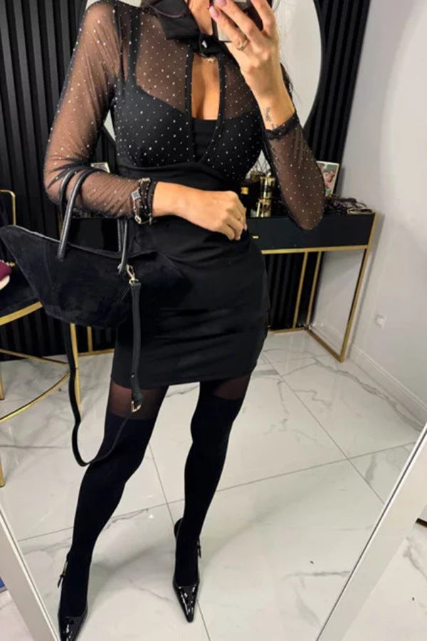 Ladies' elegant mesh sparkling fabric hollow out shirt collar long sleeved elastic mini dress