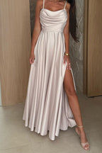 Solid Color Suspender Back Pleated Elegant Slit Full Hem Maxi Dress