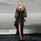 White Collar Black Long Sleeve Mesh Maxi Dress Open Button Cardigan Dress Catwalk