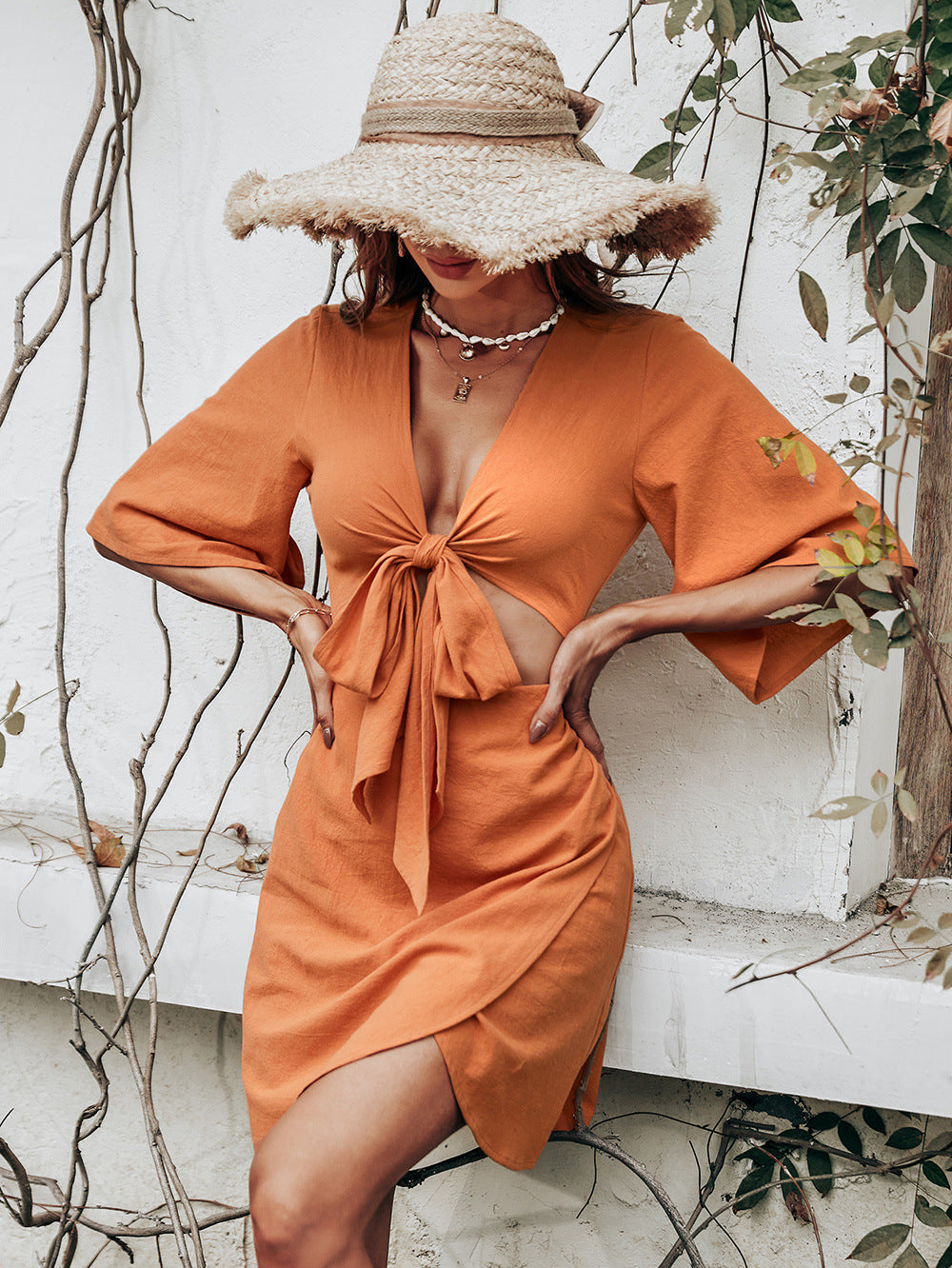 Jenner Linen Blend Tie Front Cutout Midi Dress Orange