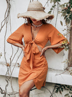 Jenner Linen Blend Tie Front Cutout Midi Dress Orange