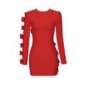Red Hollow Out Cutout Bow Long Sleeve Bandage One Piece Dress Christmas