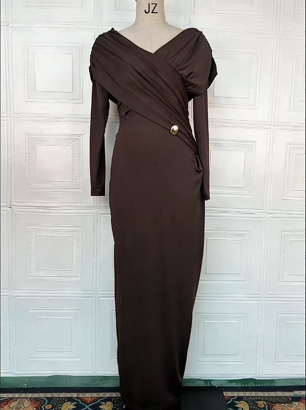 Autumn Solid Color Cross Collar Dress Tight Waist Casual Maxi Dress