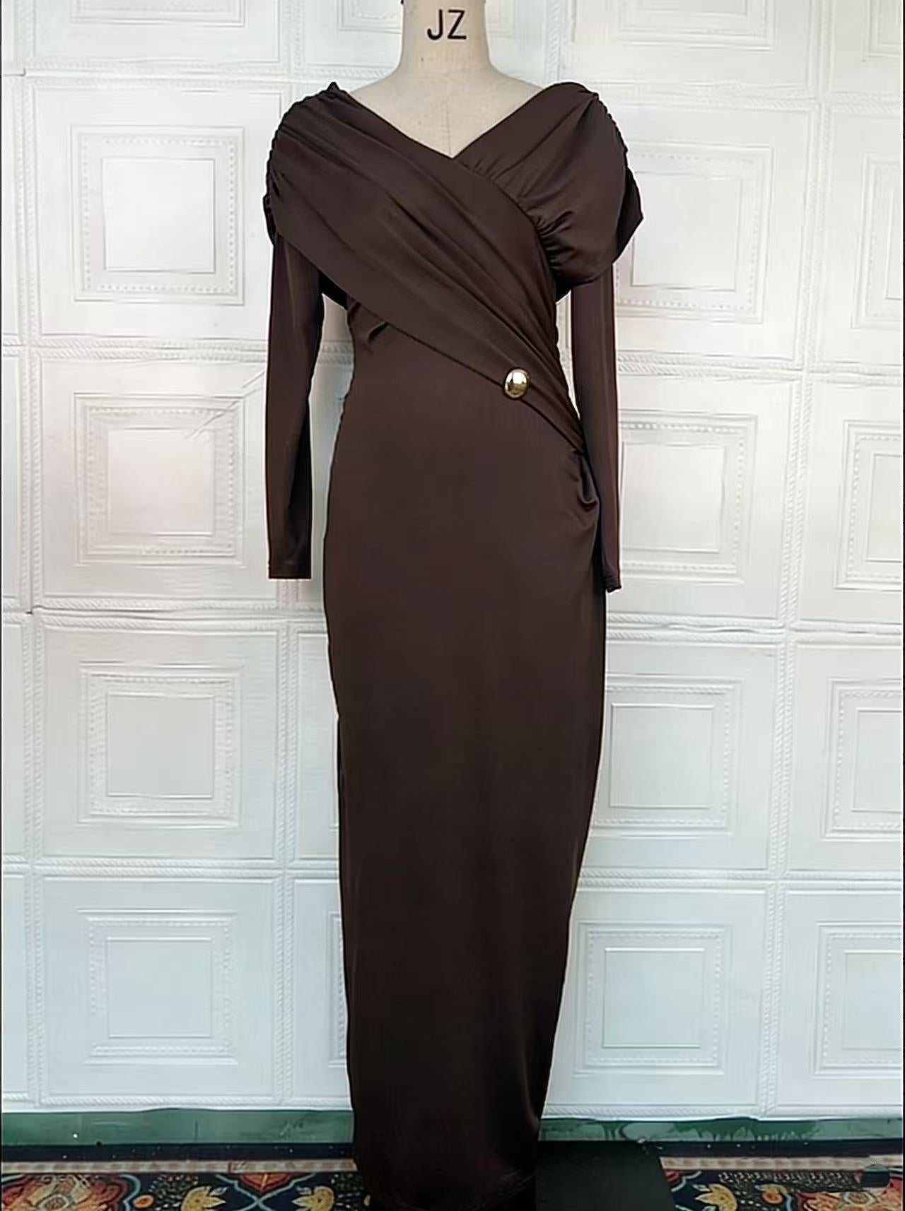 Autumn Solid Color Cross Collar Dress Tight Waist Casual Maxi Dress