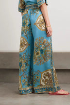 Satin Floral Print Loose Shirt and Elastic Waist Pocket Casual Wide-leg Pants