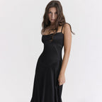 Square Neck Pintuck Trim Lace Up Back Satin Slip Maxi Dress - Black