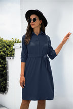Office Chic Button Down Shirt Dress Navy