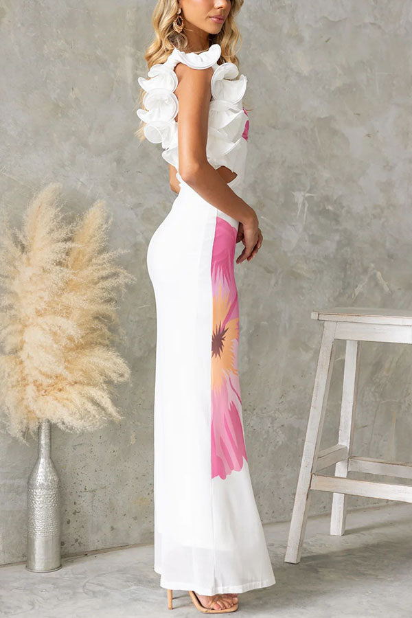 Floral Print One-shoulder Fitted Mesh Maxi Dress